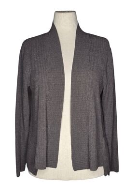 Eileen Fisher Petite Plum Gray Wool Open Cardigan Sweater Minimalist PL